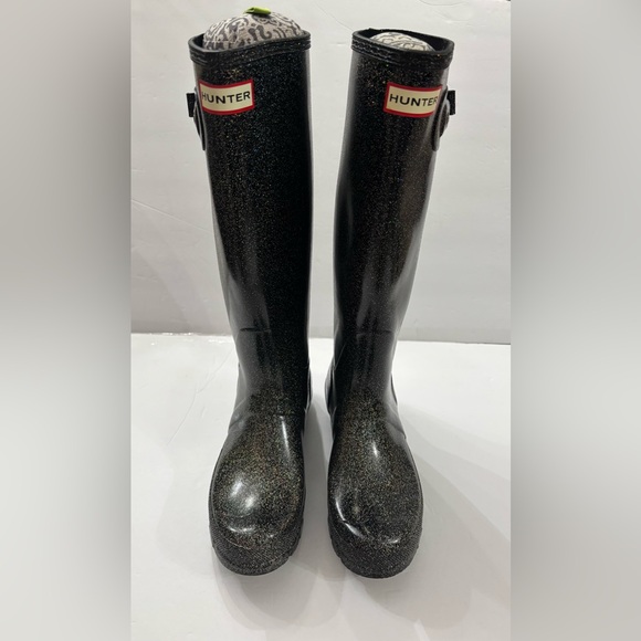 HUNTER Starcloud Black Glitter Knee High Tall Rain Boots Size 7 Winter Rain